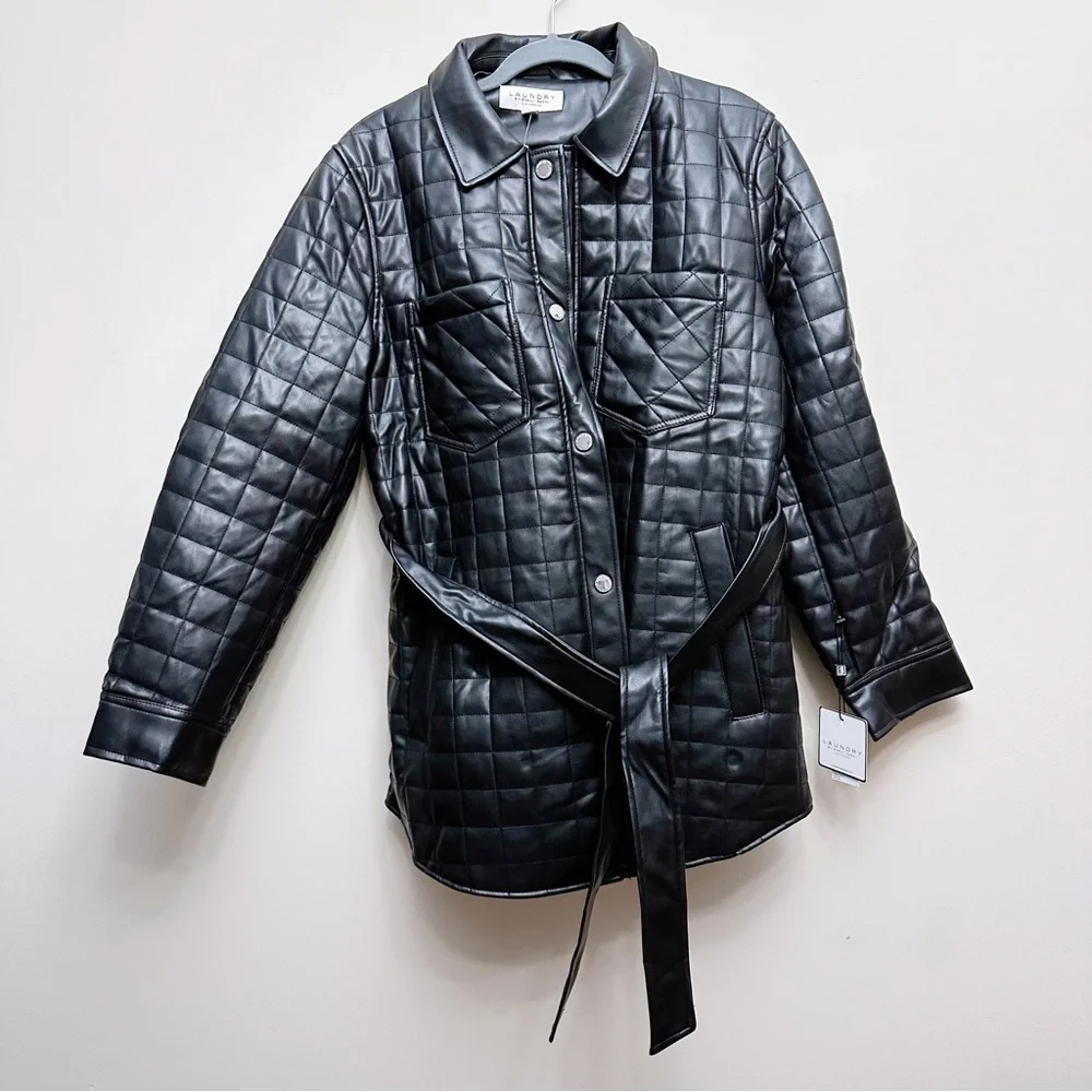 Laundry by Shelli Segal Quilted Faux Leather Tie Waist Button Up Jacket Coat - Picture 1 of 7
